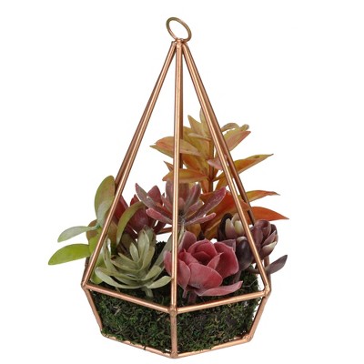 Northlight 9" Succulent Artificial Arrangement in Copper Wire Terrarium - Green/Brown