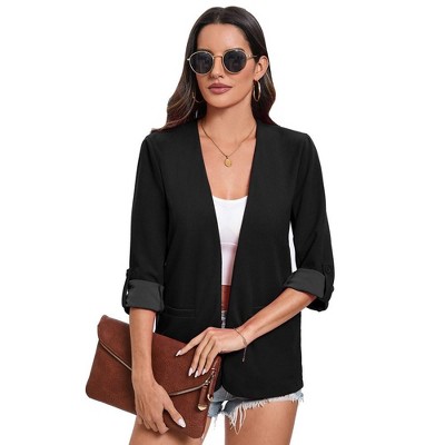Women's Open Front 3/4 Roll Sleeve Jacket Office Business Blazer Jackets No Lapel Blazer with Pockets - Black L