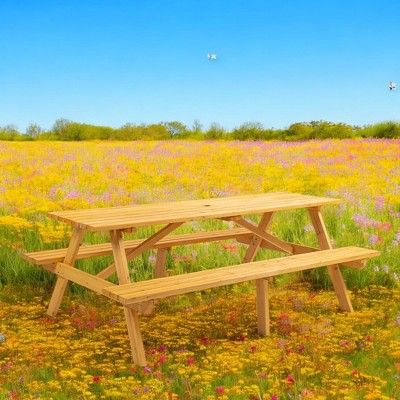 8-Person Wooden Picnic Table with Built-In Benches, Outdoor Dining Table with Umbrella Hole for Garden, Backyard, and Social Gatherings-yellow