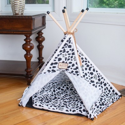White and Black Paw Print Canvas Teepee Cat Bed