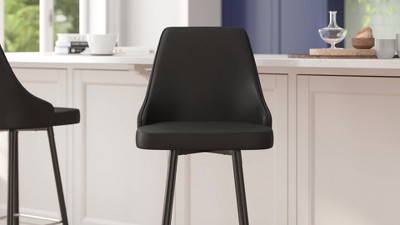 Black Faux Leather Bar Height Stools with Chrome Accents, Set of Two