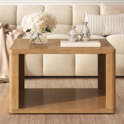 PAGED Square Coffee Table Farmhouse Center Table with Storage, 2-Tier End Table with Half Open Storage Compartment for Living Room