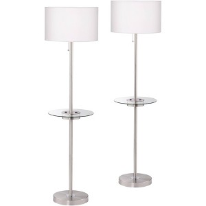 360 Lighting Caper Modern Floor Lamps with Tray Table 60 1/2" Tall Set of 2 Brushed Nickel USB and Outlet Off White Fabric Drum Shade for Living Room - 1 of 4