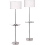 360 Lighting Caper Modern Floor Lamps with Tray Table 60 1/2" Tall Set of 2 Brushed Nickel USB and Outlet Off White Fabric Drum Shade for Living Room