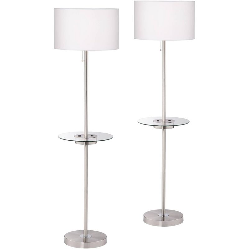 360 Lighting Caper Modern Floor Lamps with Tray Table 60 1/2" Tall Set of 2 Brushed Nickel USB and Outlet Off White Fabric Drum Shade for Living Room, 1 of 10