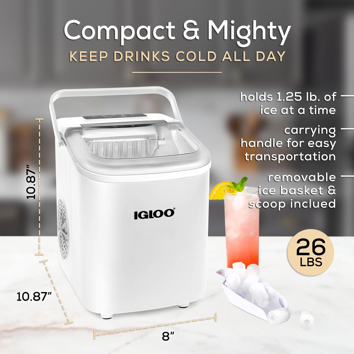 Igloo Self-Cleaning Portable Electric Countertop Ice Maker Machine With Handle, 26 Pounds in 24 Hours, With Ice Scoop and Basket, White - thumbnail 2