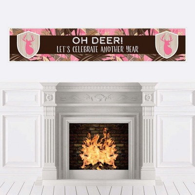 Big Dot of Happiness Pink Gone Hunting - Deer Hunting Girl Camo Happy Birthday Decorations Party Banner