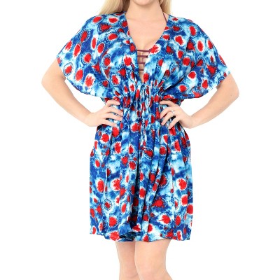 LA LEELA Women's Vacation Beachwear Swim Dress Summer Bathing Suit Cover-up Mini Wrap Dresses X-Large-XX-Large Blue, Tie Dye Design