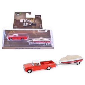 1967 Dodge D-100 Pickup Truck Red with White Top with Boat and Trailer "Hitch & Tow" 1/64 Diecast Model Cars by Greenlight - 1 of 4