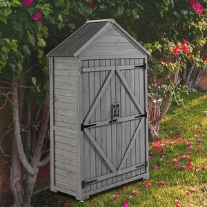 Outdoor Storage Cabinet, Wood Garden Tall Shed,Outside Vertical Shed with 3 Shelves,Waterproof Outside Garden Storage Cabinet, Grey - 1 of 4