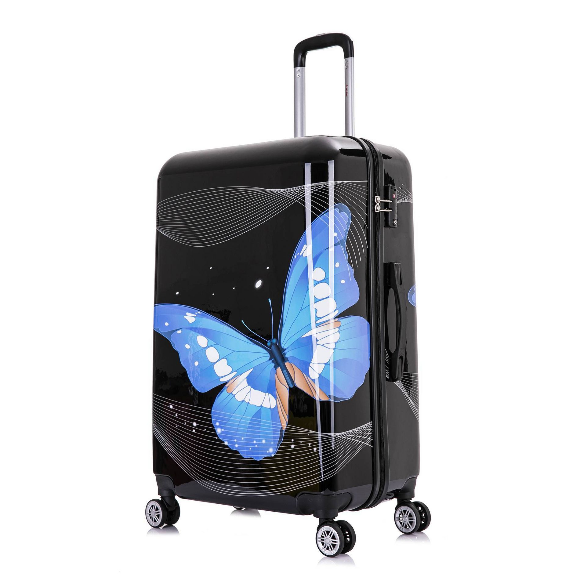 InUSA Large Checked 28" Butterfly Print Lightweight Hardside Spinner Suitcase - Black