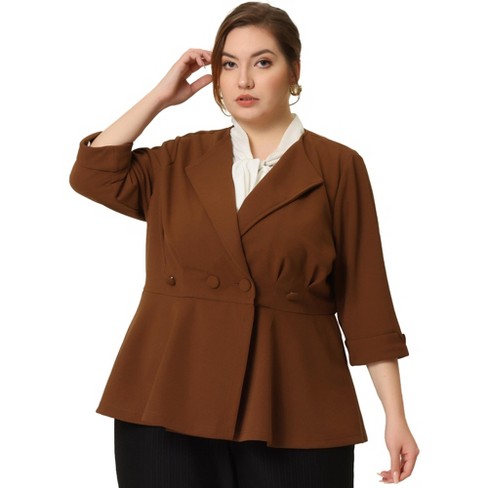 Agnes Orinda Women's Plus Size Ruffle Peplum Ruched Curvy Formal Outfits  Blazers Brown 3X