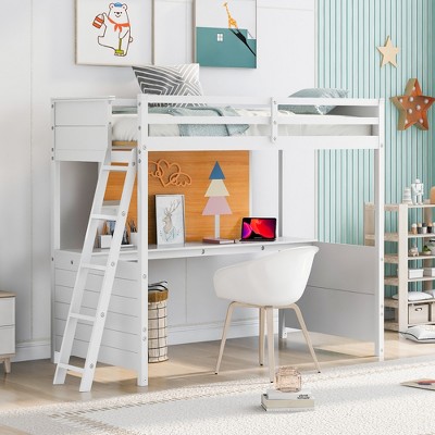 Twin Wood Slat Loft Bed with Desk and Ladder - AptDeco