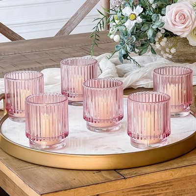 Blush Pink Ribbed Glass Votive Candle Holders Set of 6