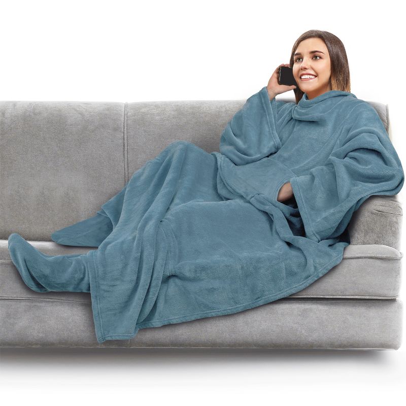 PAVILIA Wearable Blanket with Sleeves and Foot Pockets, Fleece Warm Snuggle Pocket Sleeved Throw for Women Men Adults, 1 of 8
