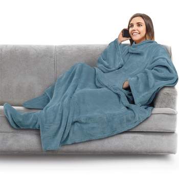 PAVILIA Wearable Blanket with Sleeves and Foot Pockets, Fleece Warm Snuggle Pocket Sleeved Throw for Women Men Adults