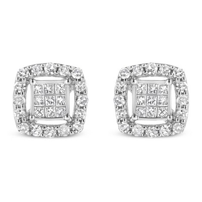 Haus of Brilliance Silver 1/2 Cttw Round and Princess-Cut Diamond Stud Earrings