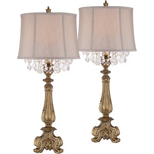 Barnes and Ivy Dubois 37 1/4" Tall Large Traditional Country Cottage End Table Lamps Set of 2 Antique Gold Finish Console Living Room Bedroom Bedside - 1 of 4