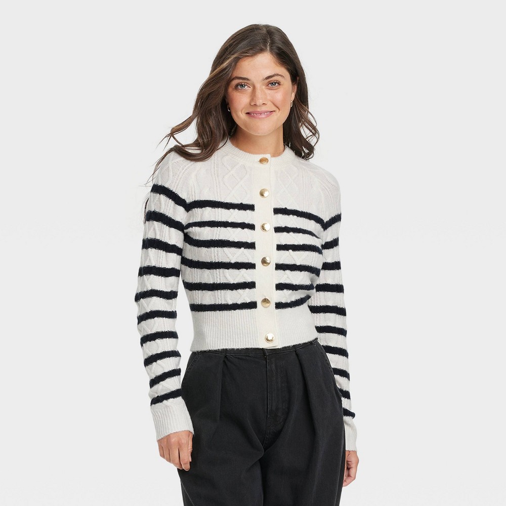 Women's Cashmere-Like Cable Stitch Cardigan - Universal Thread Navy/White Striped M