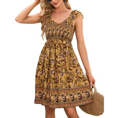 WhizMax Women's Summer Floral V Neck Flutter Sleeve Bohemian Smocked Casual Swing Mini Dress