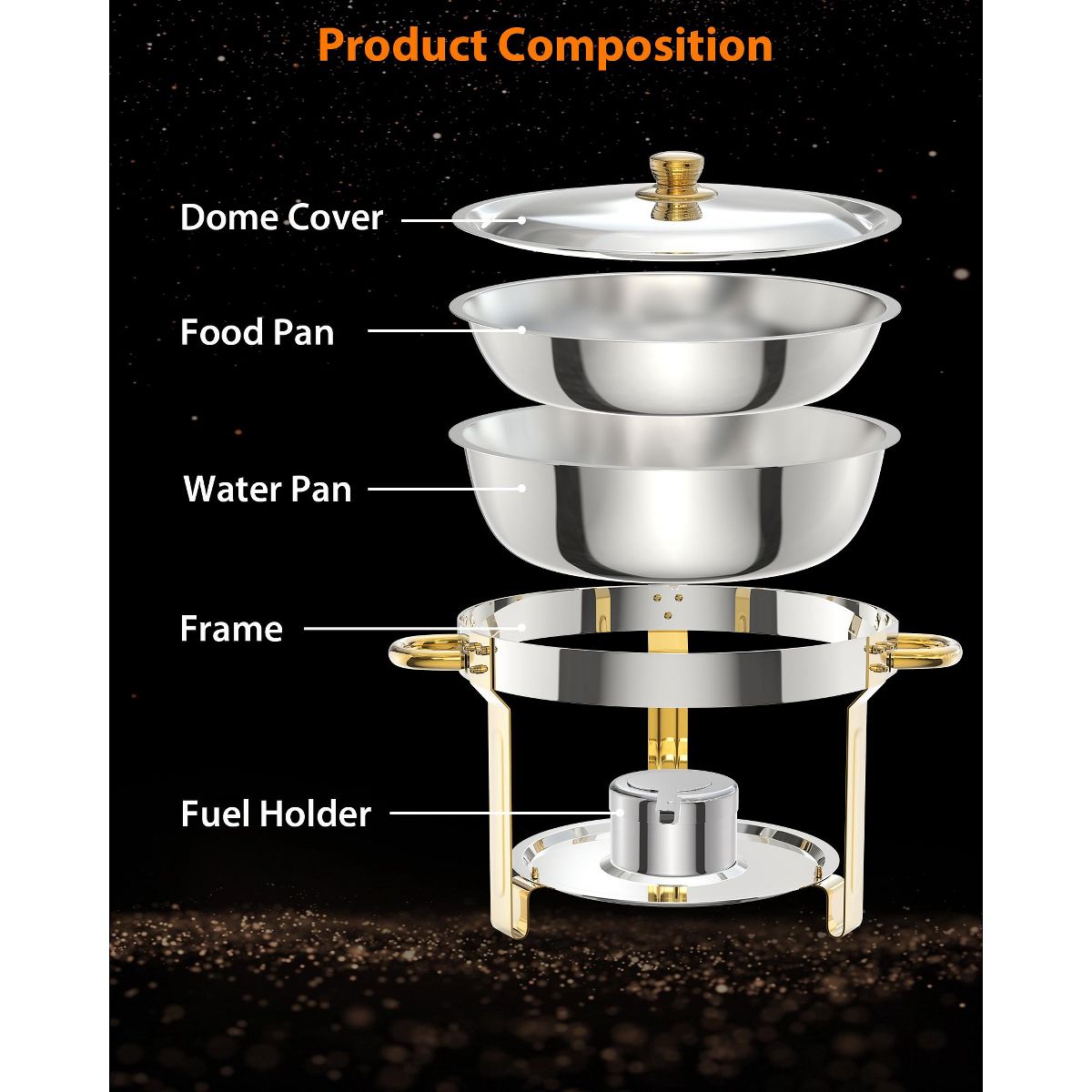 Garvee 5QT Gold Chafing Dish Buffet Set – Stainless Steel Food Warmer with Lid Holder, Spoon & Tweezer – For Catering, Weddings, Parties, Banquets - thumbnail 8