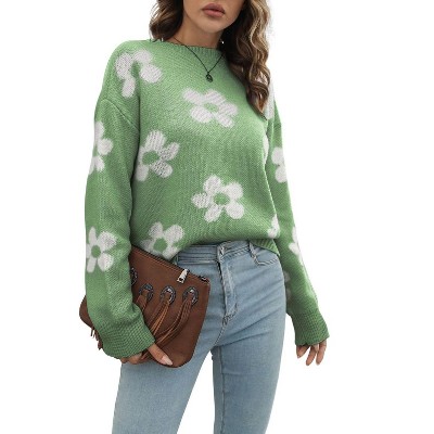 Coolmee Women's Floral Pattern Sweaters Casaul Crewneck Long Sleeve Drop Shoulder Sweaters Pullover Tops