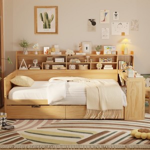 Sapphtopaz Wooden Daybed with Storage Shelves 2-Drawers Storage Study Desk Multi-functional Bedroom Furniture - 1 of 4