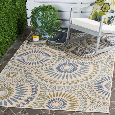 Cream & Green Floral Easy-Care 8' x 11' Synthetic Area Rug