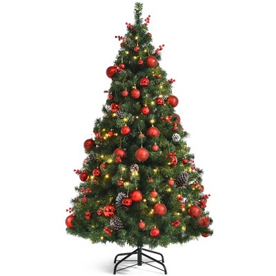 Costway 5ft Pre-lit Christmas Hinged Tree w/ Pine Cones Red Berries & Ornaments