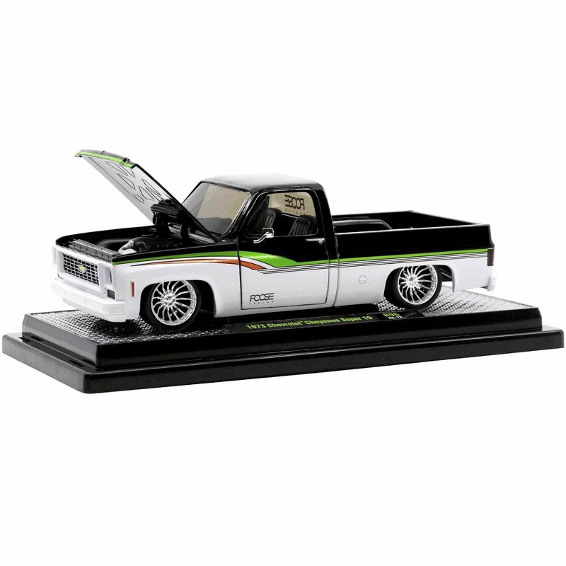 1973 Chevrolet Cheyenne Super 10 Pickup Truck Black and Bright White with Stripes Ltd Ed 1/24 Diecast Model Car by M2 Machines, 2 of 4