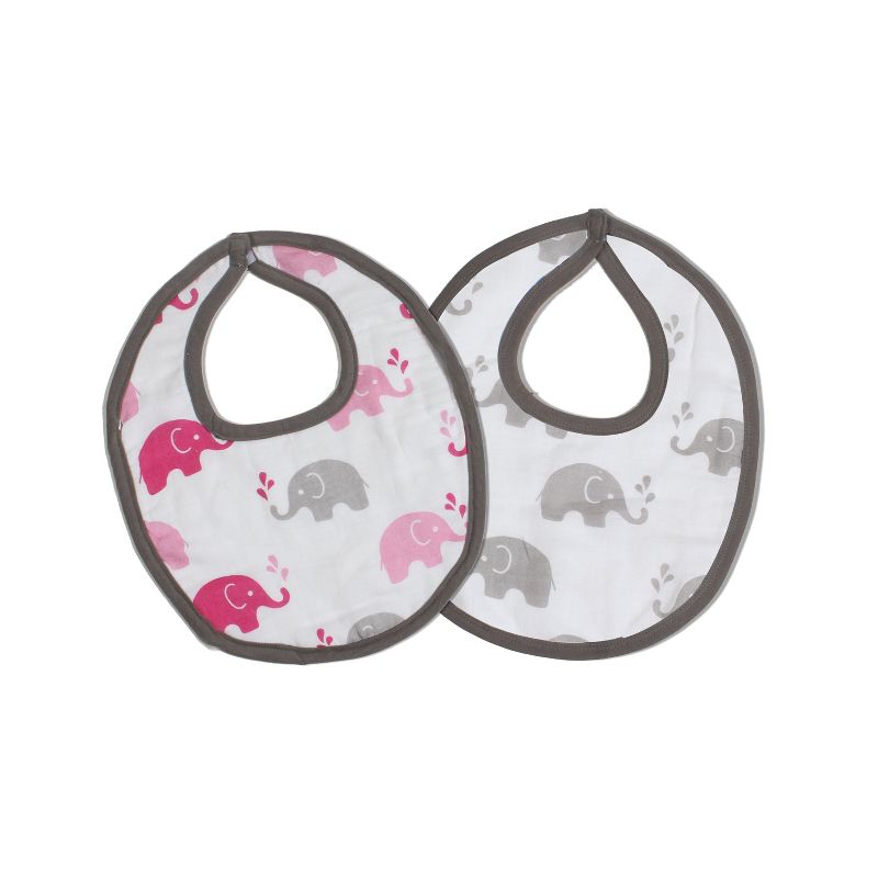 Bacati - Elephants Pink/Gray Muslin 4 pc set of Bibs & Burp Cloths Set, 2 of 6