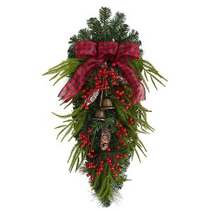 Nearly Natural 24” Holiday Christmas Pine Cones, Berry and Bells Wreath - 1 of 4