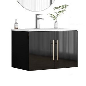 Gulches 30 in 1 Sink Bathroom Vanity Glossy Black Bath Vanity with White Ceramic Top Double Soft-Close Doors Long Gold Metal Handle - 1 of 4