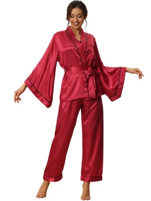 Cheibear Women's Silky Satin Bell Sleeve Sleepwear Robe With Pants ...