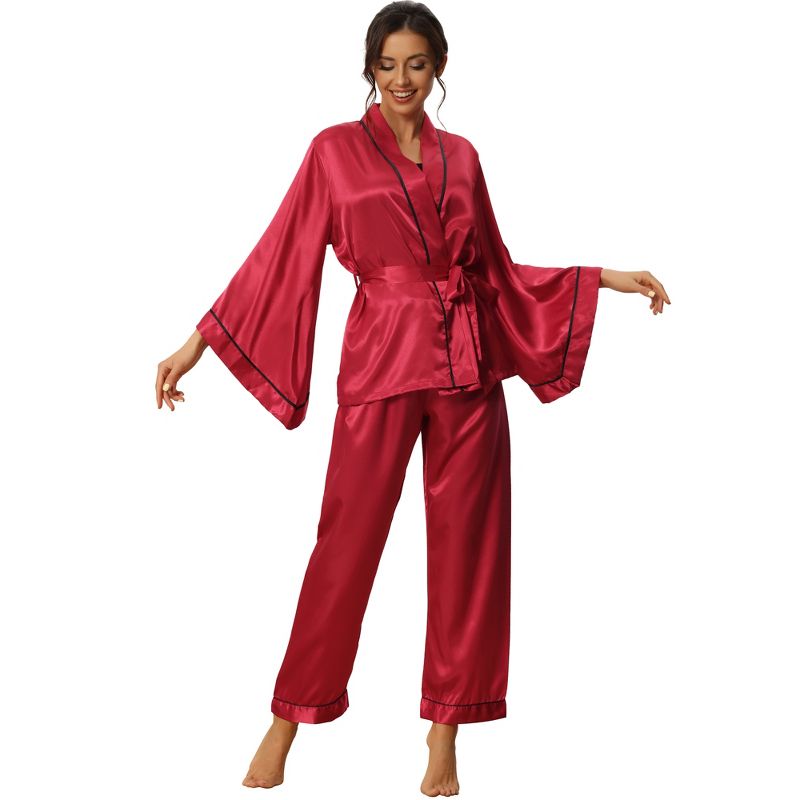 cheibear Women's Silky Satin Bell Sleeve Sleepwear Robe with Pants Pajama Sets, 1 of 6