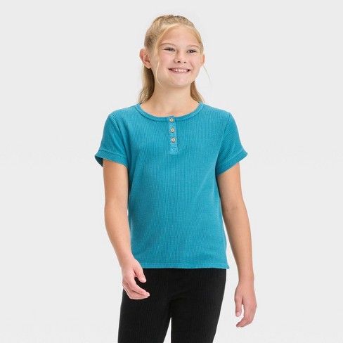 Girls' Short Sleeve Waffle Henley Shirt - Cat & Jack™ Teal Blue S