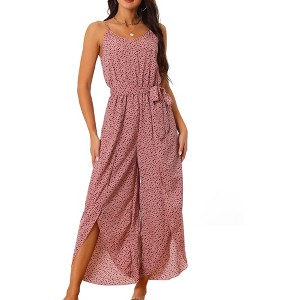 Seta T Women's Spaghetti Straps Sleeveless V Neck Tie Waist Split Wide Leg Jumpsuits - 1 of 4