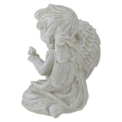 Distressed Ivory Sitting Cherub Angel with Bird Garden Statue