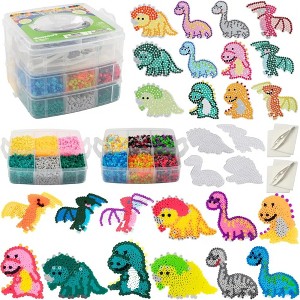 8,000 pc Dinosaur Fuse Beads w Carrier Case- 22 Colors, 12 Unique Templates, 3 Peg Boards, 2 Tweezers, Melt Iron Paper- Dino Bulk Art Craft Project - 1 of 4