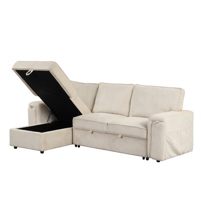 96.1" Beige Upholstered L-Shaped Sectional Sofa with Storage and Cup Holders