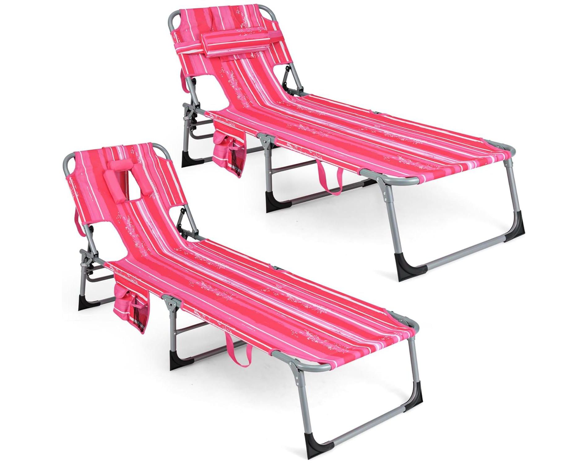 Gymax 2PCS Outdoor Beach Lounge Chair Folding Chaise Lounge 5-Level Backrest Hot Pink