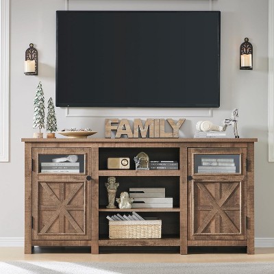 SinCiDo Farmhouse TV Stand, 66 Inch Rustic Media Console for 75 Inch TV, Barn Door Storage Cabinet & Entertainment Center for Living Room