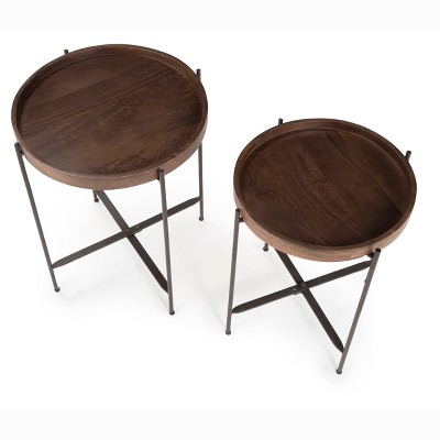 Set of 2 Round Black and Brown Mango Wood Accent Tables