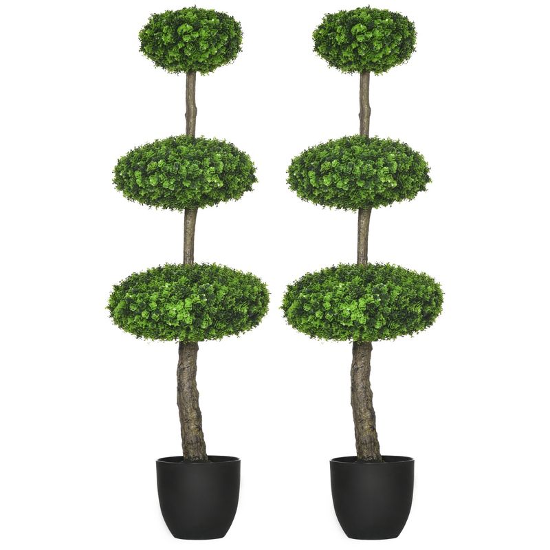 HOMCOM Set of 2 Artificial Plants Home Decor Indoor & Outdoor Plants Fake Boxwood Topiary Trees in Pots, Faux Trees, 43.25", 1 of 7