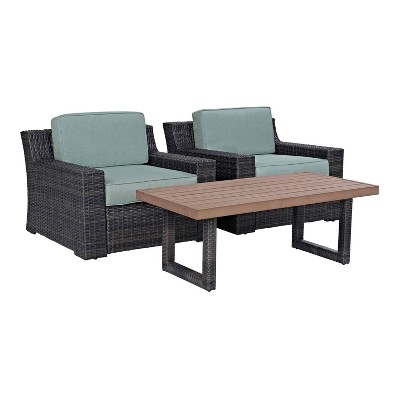 Beaufort Mist Cushioned 2-Person Outdoor Wicker Seating Set with Brown Polywood Table