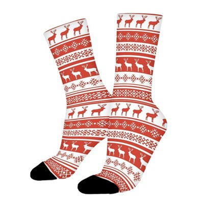 Red And White Striped Snowflake Deer Holiday Women Printed Crew Socks Funny Funky Socks Soft Polyester Novelty Gifts for Artists Men