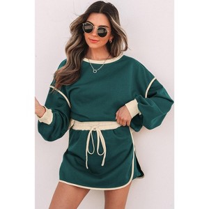 Color Contrast Loose Pullover and Lace-up Waist Skort Set - 1 of 3
