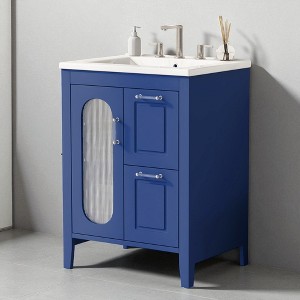 24" Bathroom Vanity with Ceramic Sink, Moru Glass Cabinet, Two Drawers, Adjustable Shelf, Solid Wood & MDF Construction for Small Bathrooms - 1 of 4