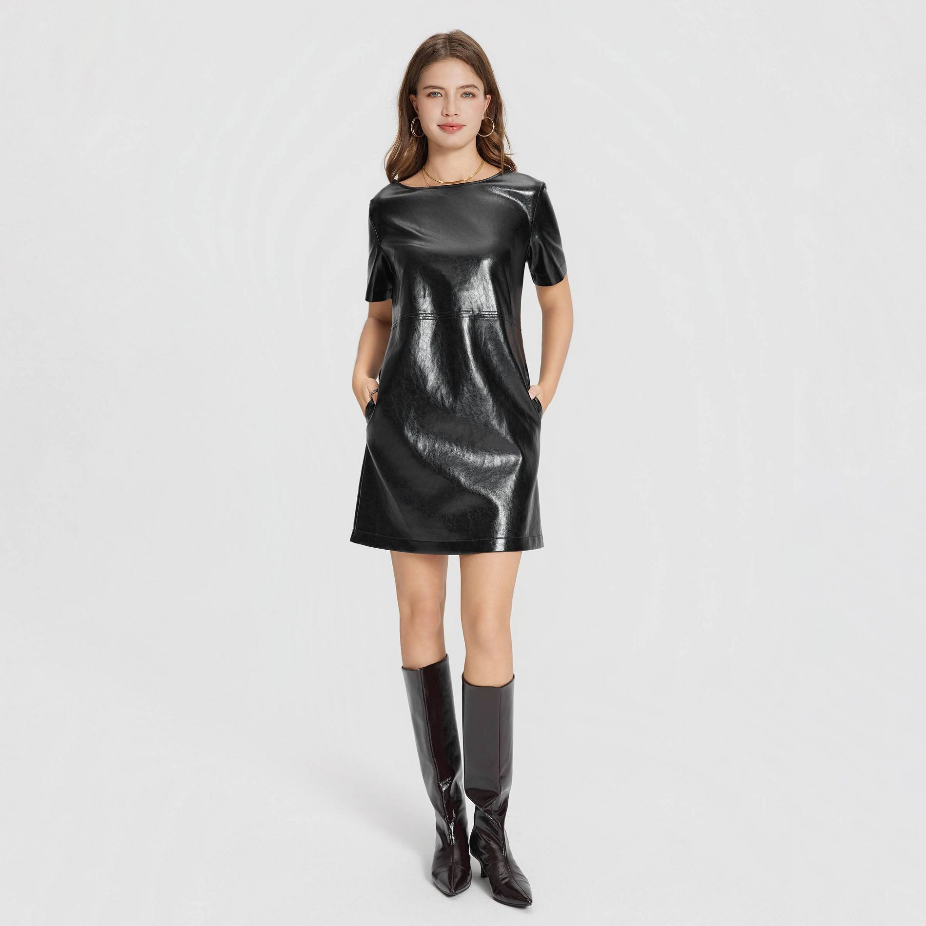 Women's Short Sleeve Faux Leather Mini Shift Dress - A New Day™