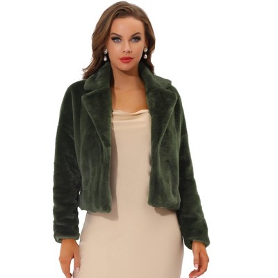 Allegra K Women's Cropped Notch Lapel Open Front Faux Fur Fluffy Coat